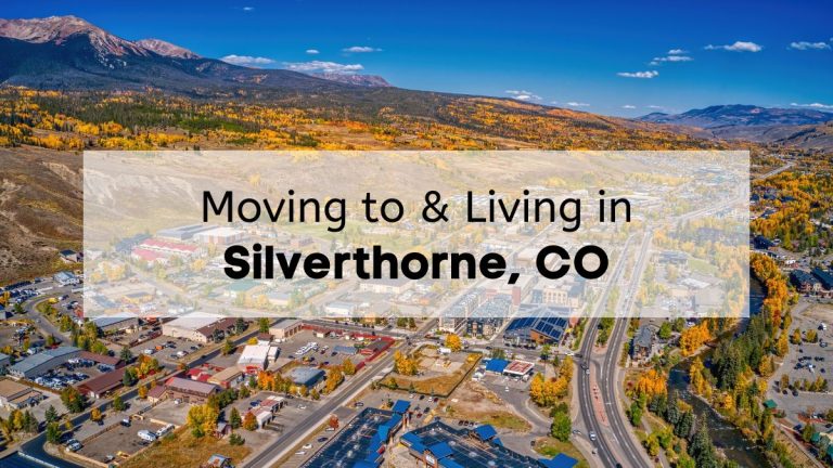 An aerial view of the town of Silverthorne, CO, surrounded by autumn foliage and mountains.